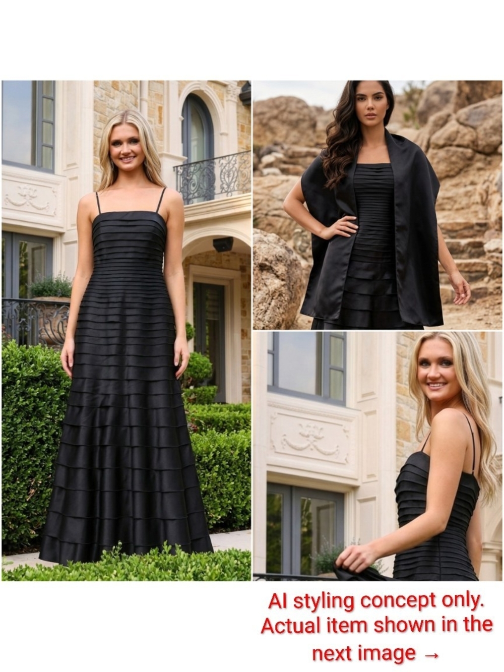 JS Collections Black Satin Tiered Ruffle Gown + Shawl - Size 12 Petite